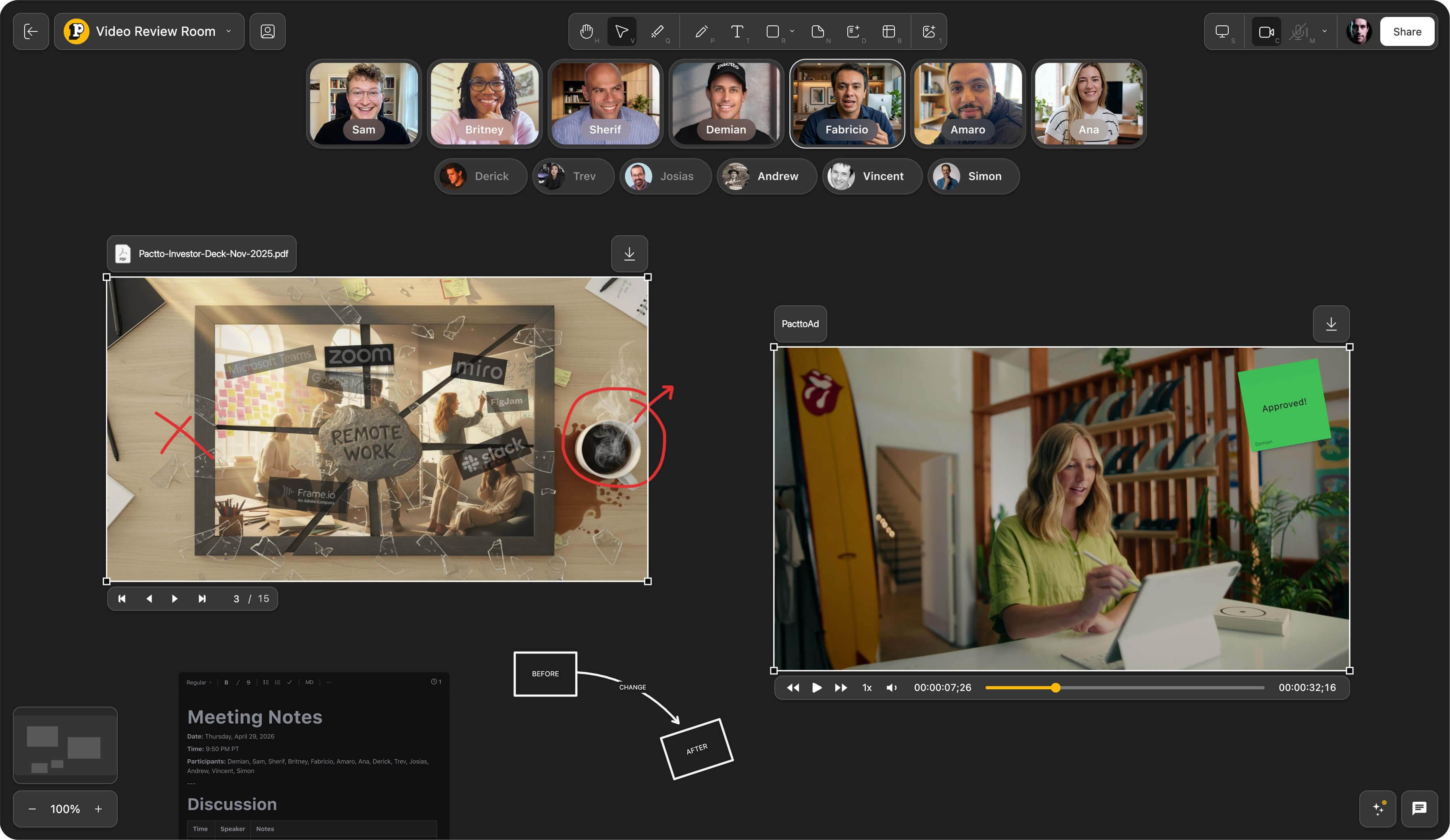 Pactto room — video review with AI agent, annotations, and live collaboration