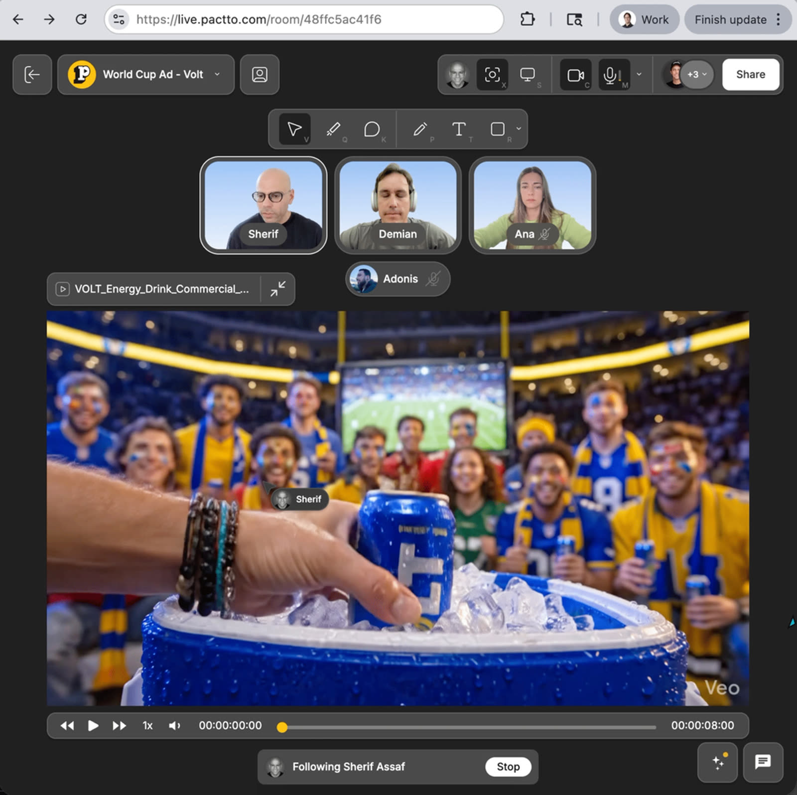 Technique video being annotated frame by frame in a Pactto room